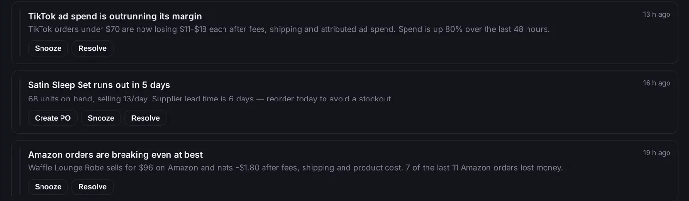 Warning feed showing an ad spend problem, a product five days from stockout, and break-even orders