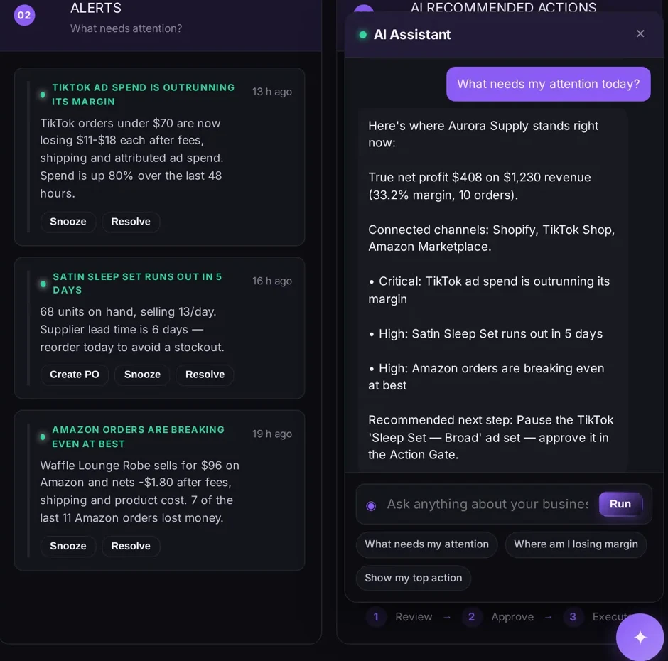 The Vantav assistant answering a question with net profit, connected channels and the top recommended next step