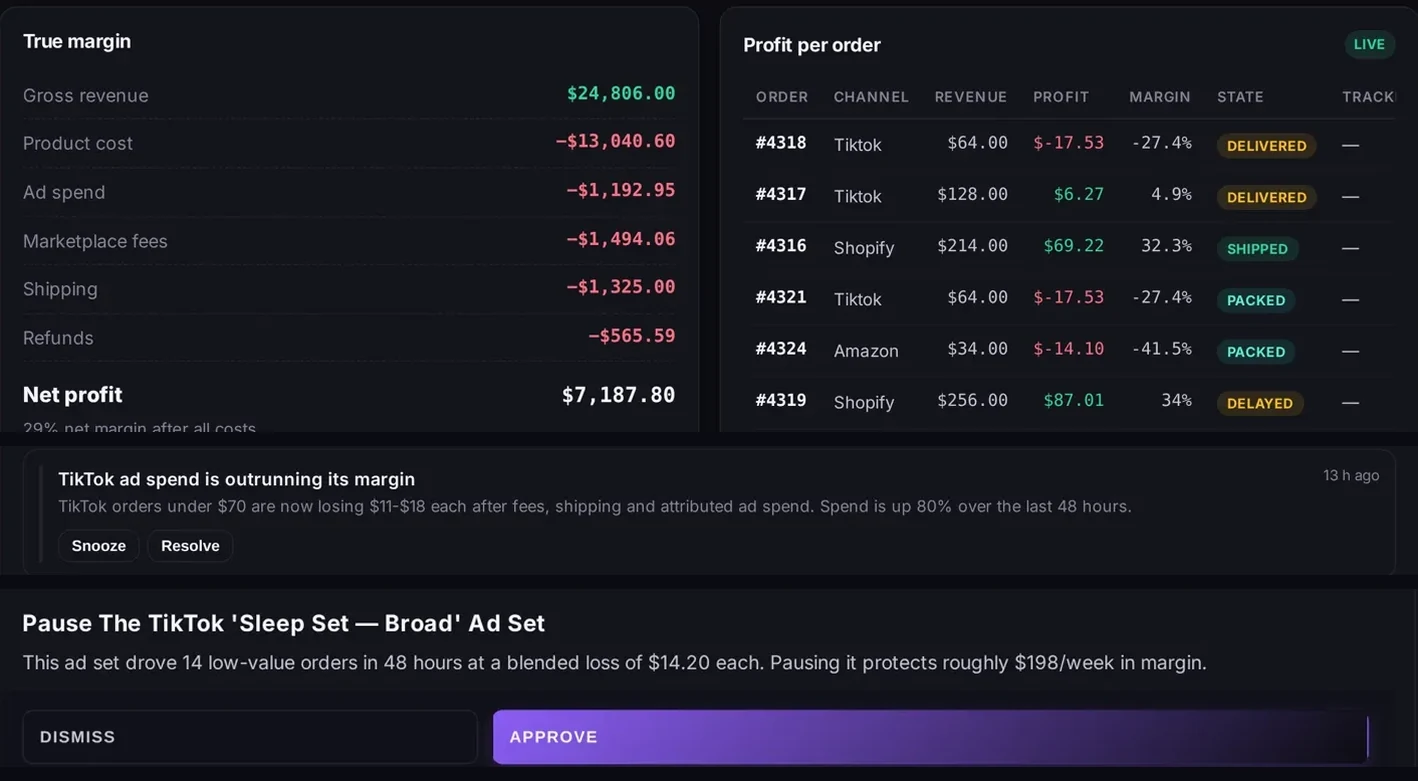 Vantav showing profit per order, an alert about ad spend, and a recommended fix waiting to be approved